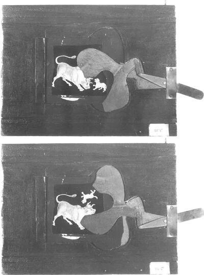 Stier en hond. Mechanisch lantaarnbeeld. Rond 1860. Laterna Magica
