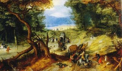 Jan Brueghel de Oude en Sebastiaan Vranckx, Reizigers door soldaten aangevallen, Circa 1620,
