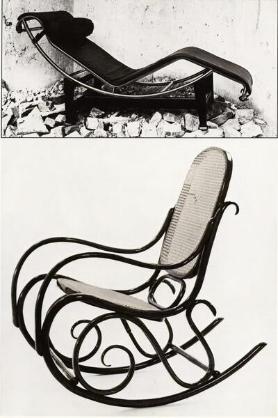 Le Corbusier, Ligstoel, 1929, Michaël Thonet, Schommelstoel, 1860, Emiel Veranneman