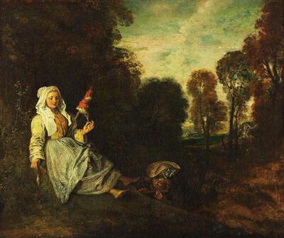 Jean Antoine Watteau (1684-1721), Avondlandschap met spinster. 