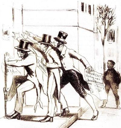 Karikatuur in de Spectator nr 23, 1863, De concurrentie van de drie monumenten die thans 'lopende' zijn, Nederland