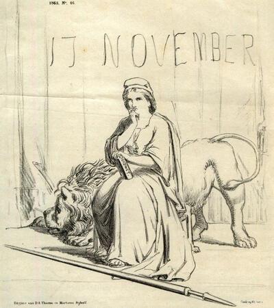 Karikatuur in de Spectator nr. 46, 1863, De Nederlandsche Maagd afwachtende de dingen die komen zullen, Nederland