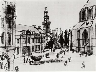 Tekening van het ontwerp Nationaal monument Koningin Wilhelmina, Den Haag , door Otto Dikke, 1975.  Nederland