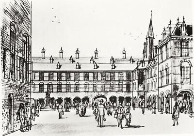 Tekening van het ontwerp Nationaal monument Koningin Wilhelmina, Den Haag , door Otto Dikke, 1975. 