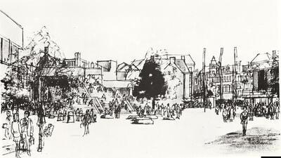 Tekening van het ontwerp Nationaal monument Koningin Wilhelmina, Den Haag , door Otto Dikke, 1975. 