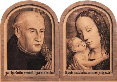 Abt Lieven Hughenois met Madonna en Kind, Gravure van Charles Onghena naar verloren schilderij van Gerard Horenbaut