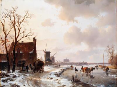 Andreas Schelfhout, Winterlandschap met paarden op het ijs, 1844.