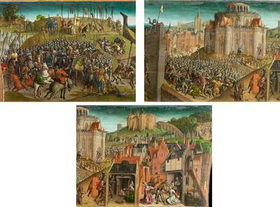 Details van de predella van het Calvarieberg-retabel met de Inname van Jeruzalem