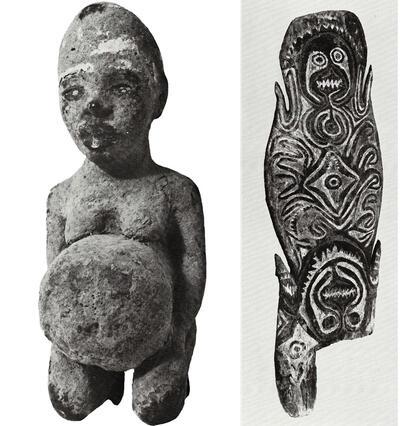 Fetisj, Loango, Zaïre, Afrika. Schedelhanger, 'agibe'. Golf van Papuagebied, Zuidoost Nieuw-Guinea.