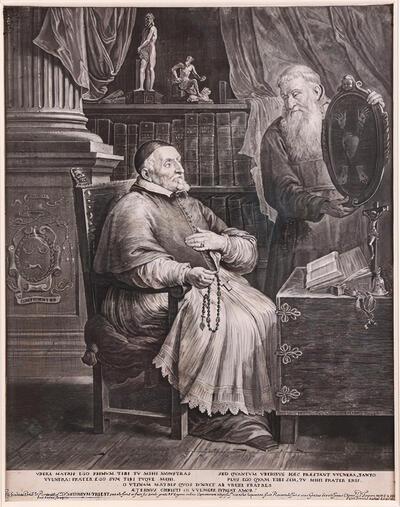 Bisschop Antoon Triest in zijn studeerkamer in gezelschap van zijn broer Pater Eugeen, Gravure van Paulus Pontius naar een schilderij van David Teniers de Jonge