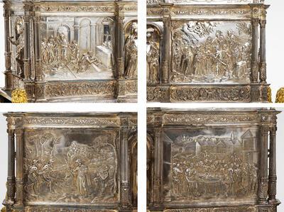 Hugo de la Vigne, Scènes uit het leven van de heilige Macharius (details van de langswanden van het reliekschrijn), St.-Baafskathedraal, Gent