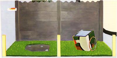 Roger Raveel, Schilderij van tuintje met karretje om de hemel te vervoeren, 1968