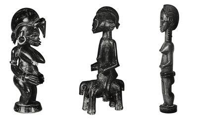 Vrouwelijk figuurtje en ruiterfiguurtje, Senufo, Guro, Ivoorkust, Afrika, Hout