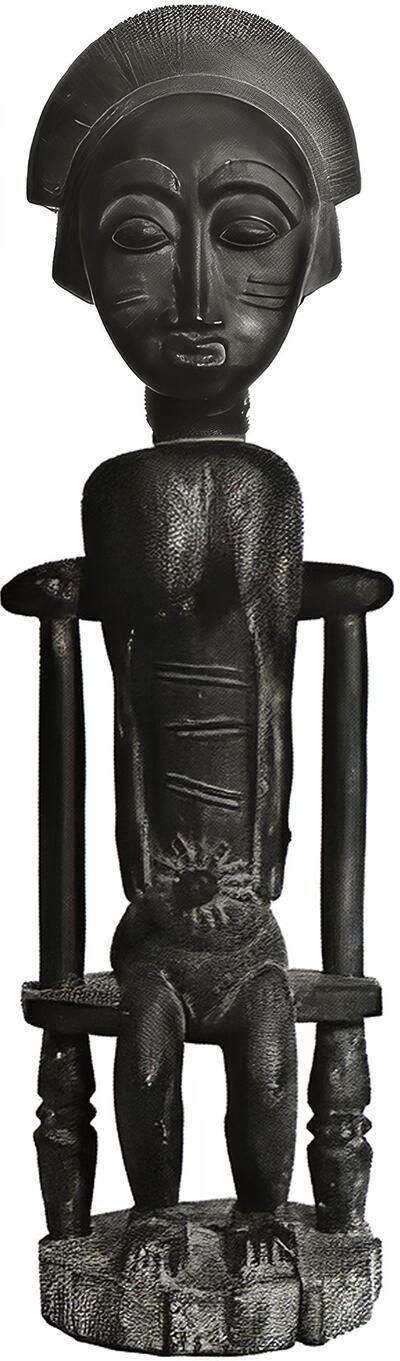 Zittende figuur, Baule, Ivoorkust, Afrika. Hout, donkerbruin, 41 cm, collectie Ten Houten 