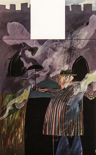 David Hockney, De idioot, Man stood in front of his house with rain descending 