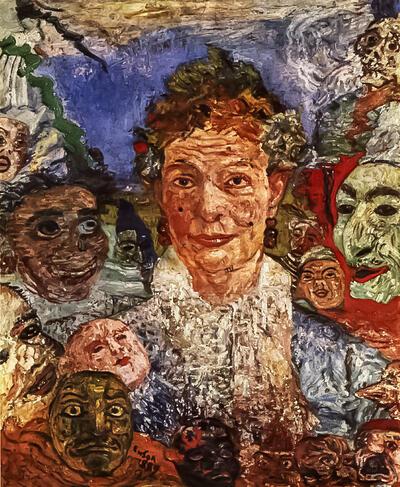 James Ensor, De oude dame  met de maskers, 1889