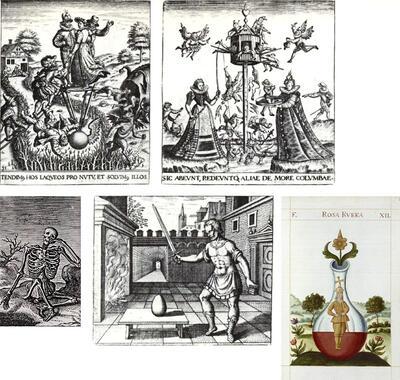 Th. De Bry: Emblemata Secularia  - Hermann Hugo: Pia Desideria  - P. van der Borcht: Heliades   - Praetiosissimum donurn Dei: Vase rentermant l'enfant de la philosophie