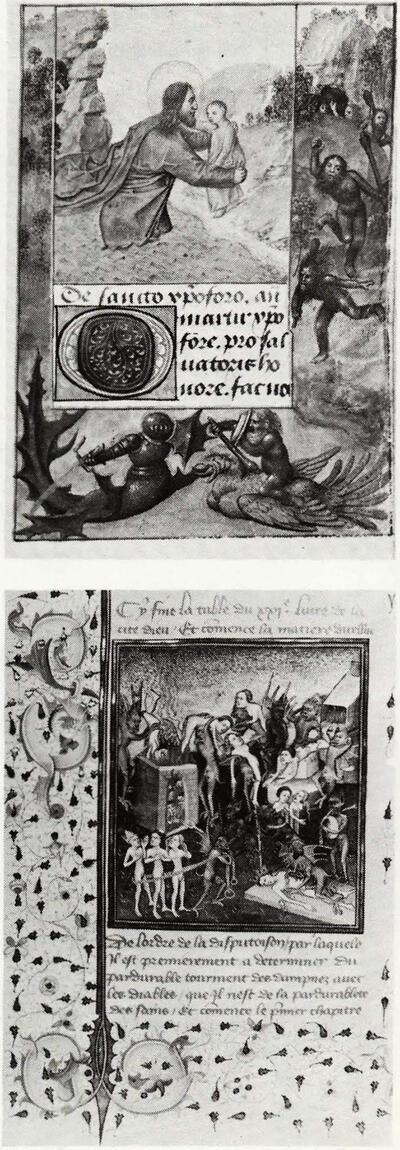 Randversiering met zeeridder en wilde­mannen uit het getijdenboek van Filips van Kleef, De hel, miniatuur uit Augustinus, De Civi­tate Dei,