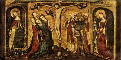 Brugs Meester,  Calvarie met de HH. Catharina en Barbara 