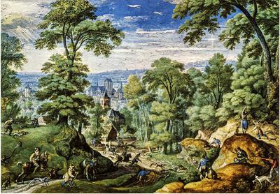 Hans Bol, Landschap met jachttaferelen, 1585