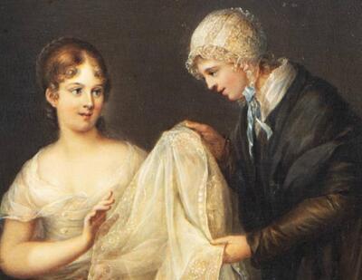 Elisabeth Marie Delatour, De bruidsjurk (detail, in restauratie), 1815