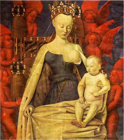 Jean Fouquet, Madonna met Jezuskind, door engelen omgeven 