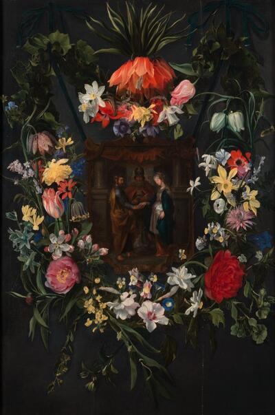Daniel Seghers - Huwelijk van Jozef en Maria in een bloemenkrans