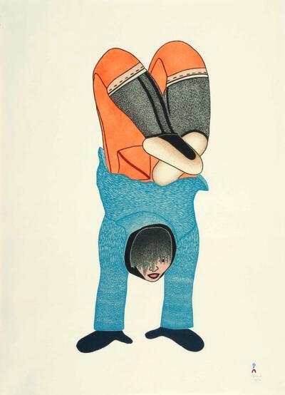 Shuvinai Ashoona, Handstand, 2010, steengravure en sjabloon, 86,5 x 62 cm, Collectie Carl Norac