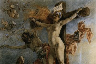 KMSKB Brussel, Spannend symbolisme, Félicien Rops, De verzoeking van de Heilige Antonius, 1878, kleurpotlood op papier, 