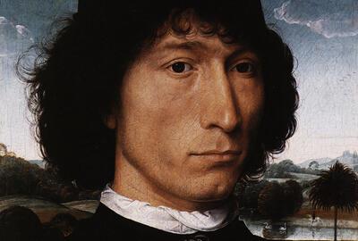 Hans Memling  (Seligenstadt ts. 1430 en  1440-Brugge 1494)  Portret van een Man met een Munt 