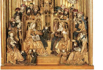 Retabel met de Maagschap van de Heilige Anna. Brussel, ca. 1500-1510, eik, oorspronkelijke vergulding en polychromie, 106 x 93,5 x 23 cm, inv. 327