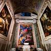 Theodoor van Loon , De Cerasi-kapel in de Santa Maria del Popolo in Rome met links de Kruisiging van Petrus en rechts de Bekering van Paulus door Caravaggio en centraal de Tenhemelopneming van Maria door Carracci