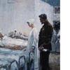 Alfred Bastien, Koningin Elisabeth en dr. Antoine Depage in het militair hospitaal van Vinkem, 1918, olieverf op hout, OCMW,