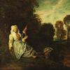 Jean Antoine Watteau (1684-1721), Avondlandschap met spinster. 