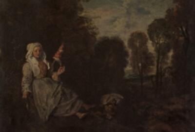 Jean Antoine Watteau - Avondlandschap met spinster