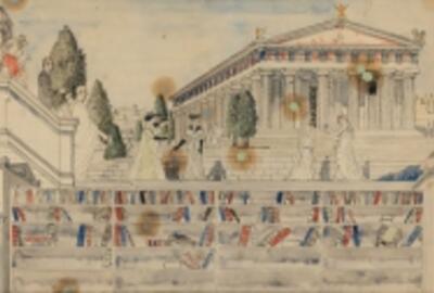 Maison Périer, de bibliotheek, Voorbereidende schets. Potlood, Oost-Indische inkt en aquarel op papier