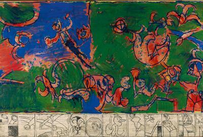 Pierre Alechinsky, Soms is het omgekeerd, 1970, acryl op papier op doek (het papier van de predalla is afkomstig van een zeventiende-eeuws register, 193 x 298 cm Koninklijke Musea voor Schone Kunsten van België, Brussel