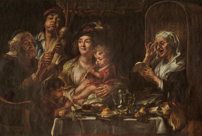 Jacob Jordaens, Soo d'oude songen, soo pepen de jonge, Olieverfschildering op doek,