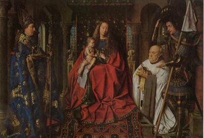 Jan van Eyck Madonna met Kanunnik Joris van der Paele, Paneel, 
