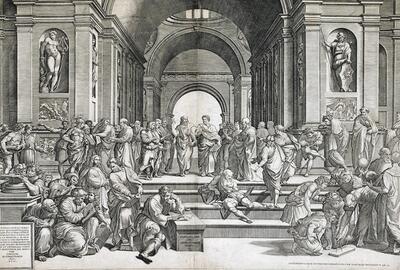 Bruegel, Giorgio Ghisi naar Rafaël, De School van Athene (naar het fresco in het Vaticaan), burijngravure op twee platen, Hiëronymus Cock, Antwerpen,