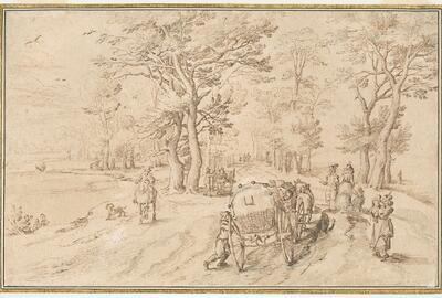  Een reiswagen op een landweg, tekening, Jan Brueghel de Oude