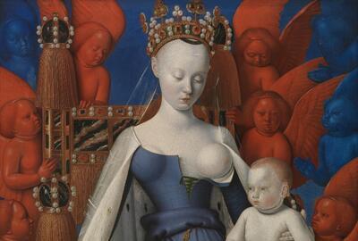 Jean Fouquet, Madonna omringd door serafijnen en cherubijnen, Mayer van den Bergh, olieverf op paneel, 