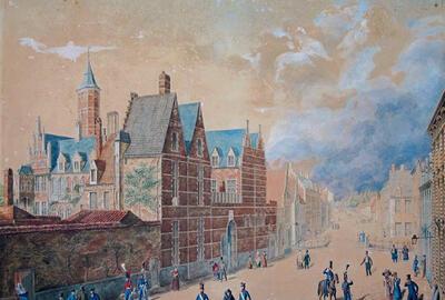 Anoniem, Hof van Busleyden gezien vanuit de Koestraat (Merodestraat), eerste helft 19de eeuw, waterverf op papier,