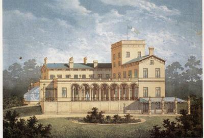 Hotel Cluysenaar. 1838-1839. Voorgevel, tekening van J.-P. Cluysenaar . Brussel, Stadsarchief, pp. 1935 119. 