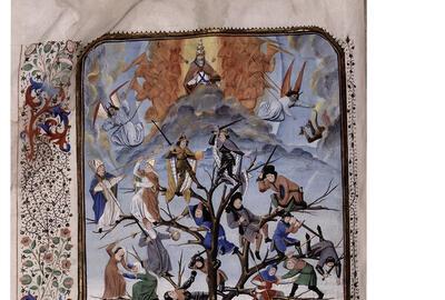 Miniatuur, Brussel, KBR, ms. 9079, Honoré Bovet, Arbre des batailles, f. 10v. Strijd van de sociale klassen in een symbolische boom 