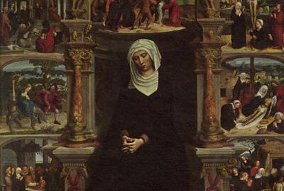 Adriaan Isenbrandt (1485/90-1551), Madonna der Zeven Smarten, Olieverf op paneel, 138 x 138 cm, niet gesigneerd, niet gedateerd, Onze-Lieve-Vrouwkerk, Brugge