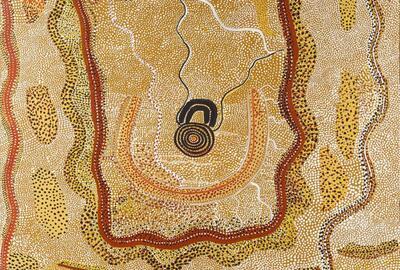 Water man at Kalpinypa , Johnny Warangkula Tjupurrula (ca. 1925-2001), 1973, Papunya, Western Desert, Northern Territory, Australia