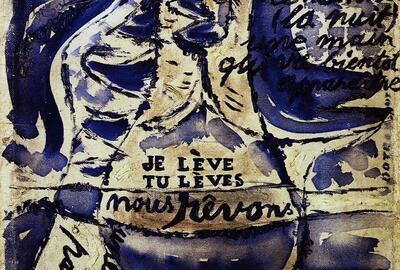 Cobra, Christian Dotremont en Asger Jorn, Je lève, Tu lèves, Nous rêvons, 1948, graniet en olie op doek,