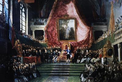 Matheus lgnatius van Bree, De plechtige installatie van de Universiteit van Gent door de prins van Oranje in de troonzaal van het stadhuis, 1817-1830, paneel,