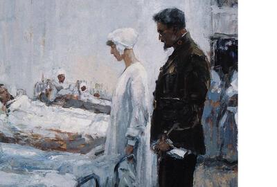 Alfred Bastien, Koningin Elisabeth en dr. Antoine Depage in het militair hospitaal van Vinkem, 1918, olieverf op hout, OCMW,